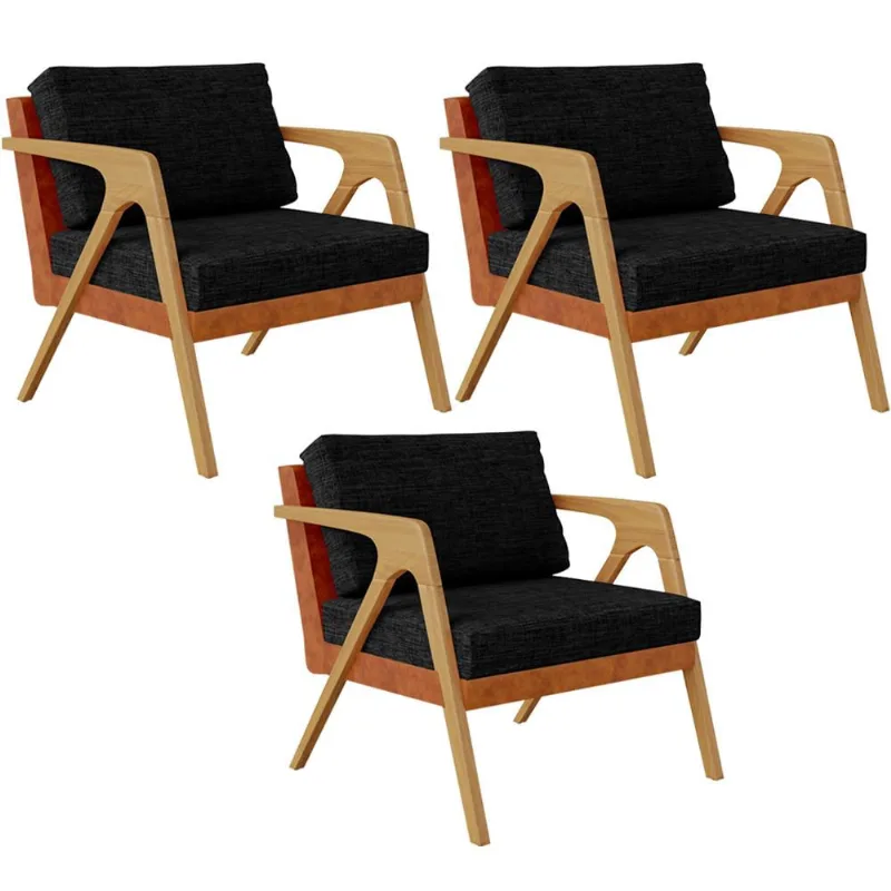 Kit 03 Poltronas Decorativas Sala Estar Pietra L02 Couríssimo Camel Linho Chumbo - Lyam Decor