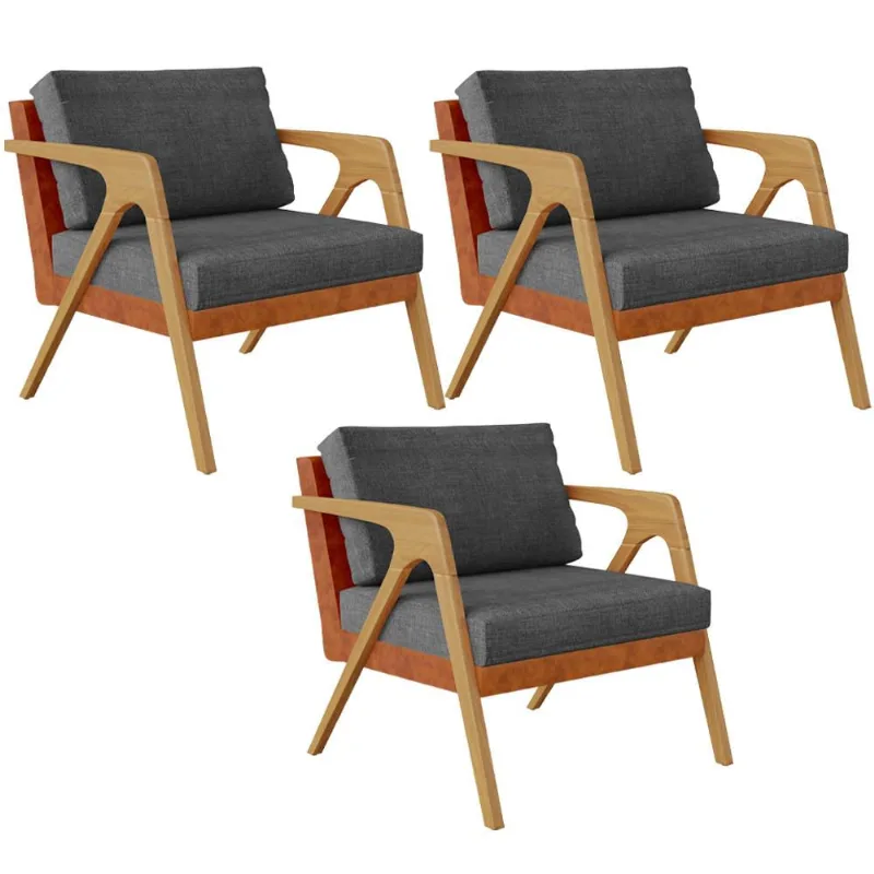 Kit 03 Poltronas Decorativas Sala Estar Pietra L02 Couríssimo Camel Linho Cinza Escuro - Lyam Decor