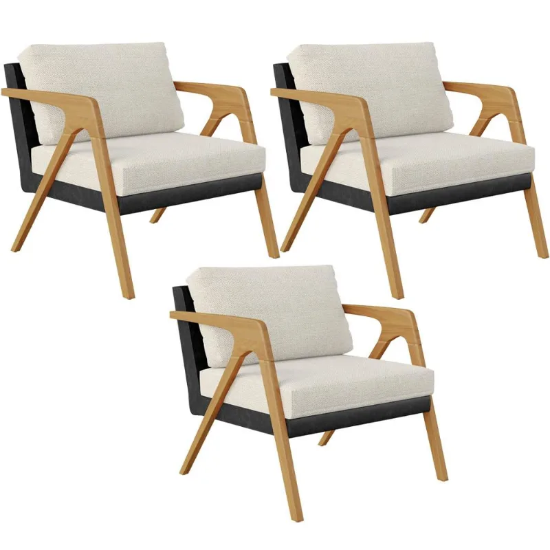 Kit 03 Poltronas Decorativas Sala Estar Pietra L02 Couríssimo Preto Linho Champagne - Lyam Decor