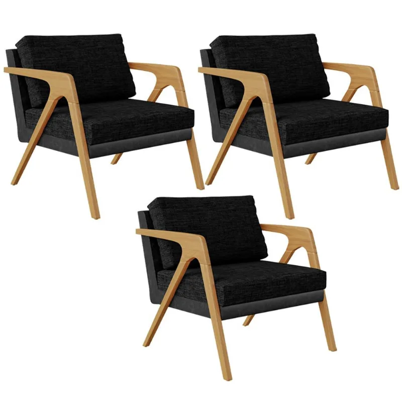 Kit 03 Poltronas Decorativas Sala Estar Pietra L02 Couríssimo Preto Linho Chumbo - Lyam Decor