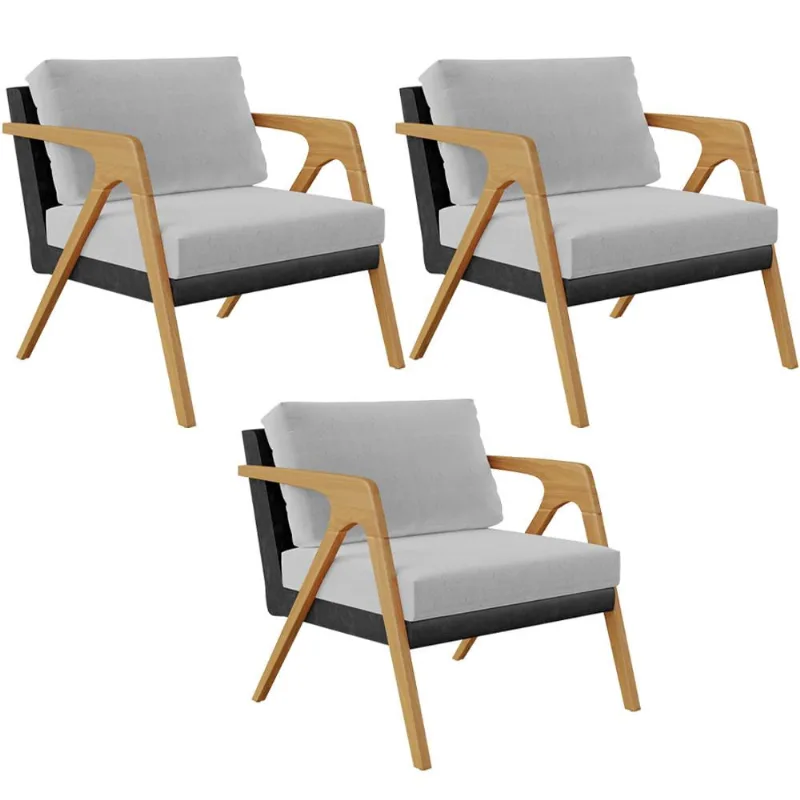 Kit 03 Poltronas Decorativas Sala Estar Pietra L02 Couríssimo Preto Linho Cinza - Lyam Decor