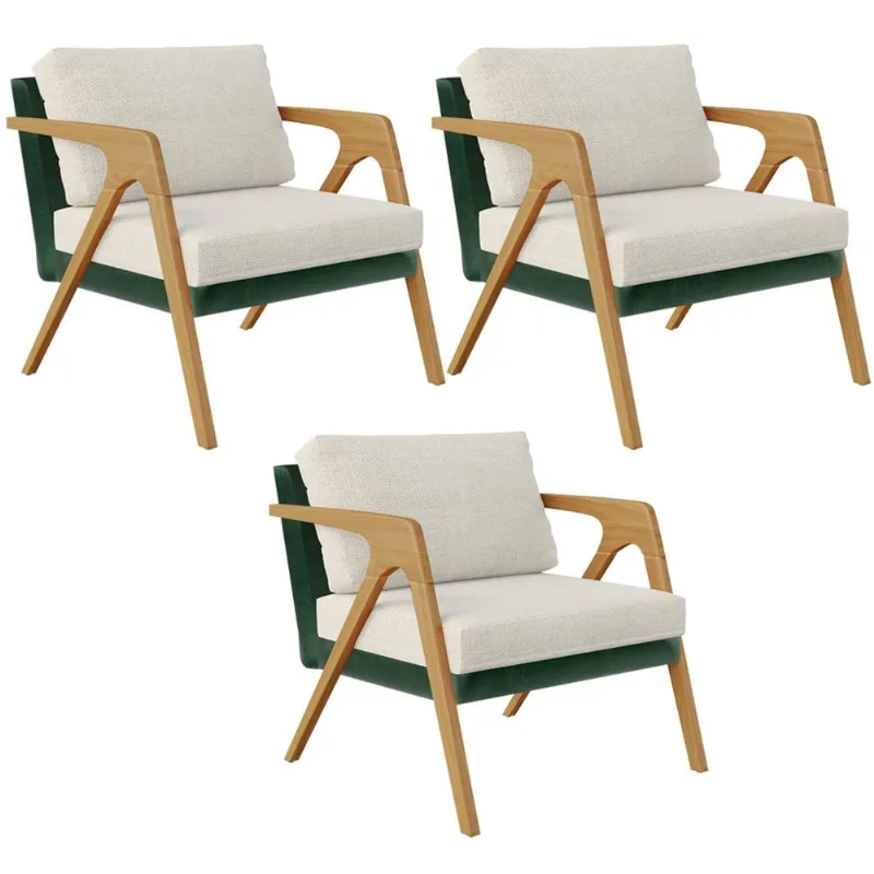 Kit 03 Poltronas Decorativas Sala Estar Pietra L02 Facto Verde Musgo Linho Champagne - Lyam Decor