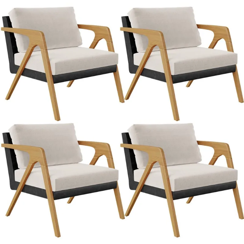 Kit 04 Poltronas Decorativa Para Sala De Estar Pietra L02 Couríssimo Preto Linho Cru - Lyam Decor
