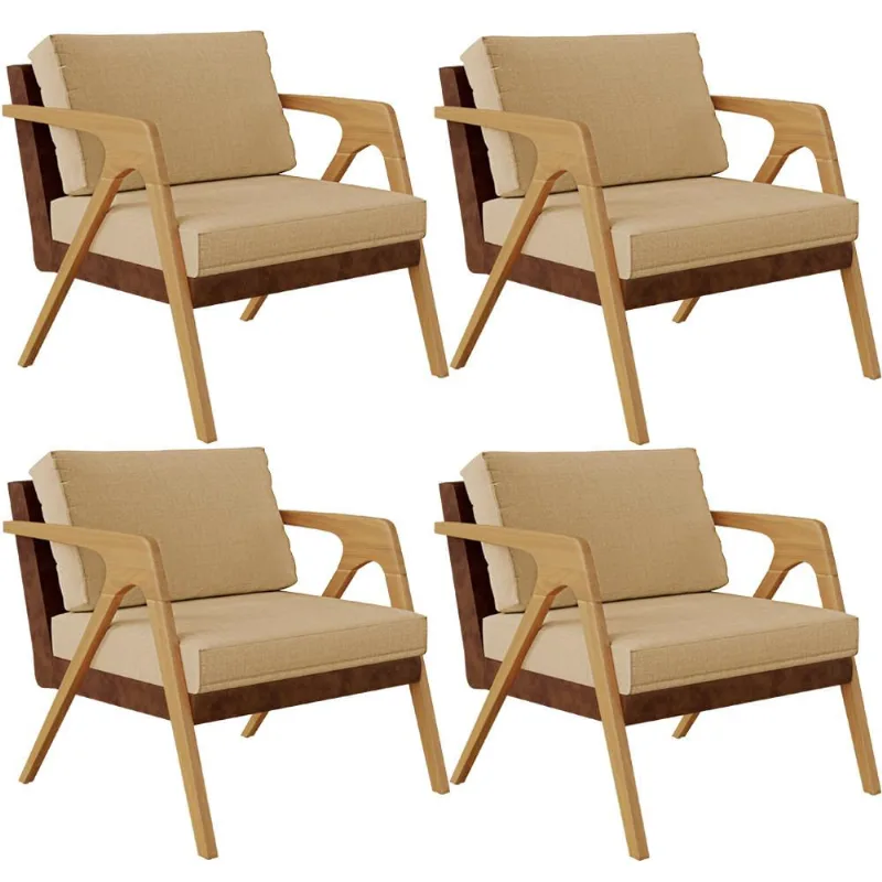 Kit 04 Poltronas Decorativas Pietra L02 Couríssimo Marrom Linho Bege Escuro - Lyam Decor