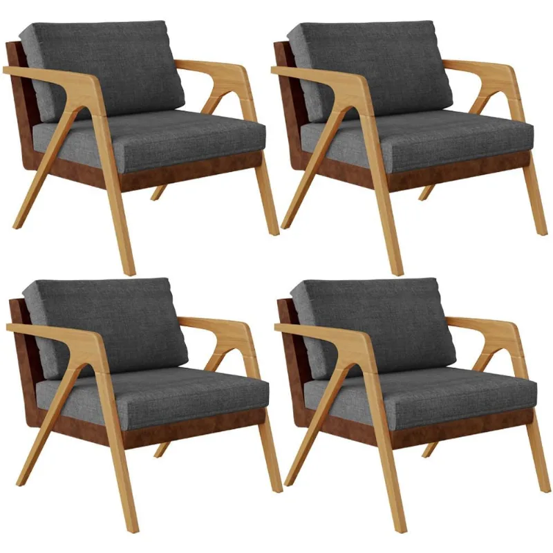 Kit 04 Poltronas Decorativas Pietra L02 Couríssimo Marrom Linho Cinza Escuro - Lyam Decor