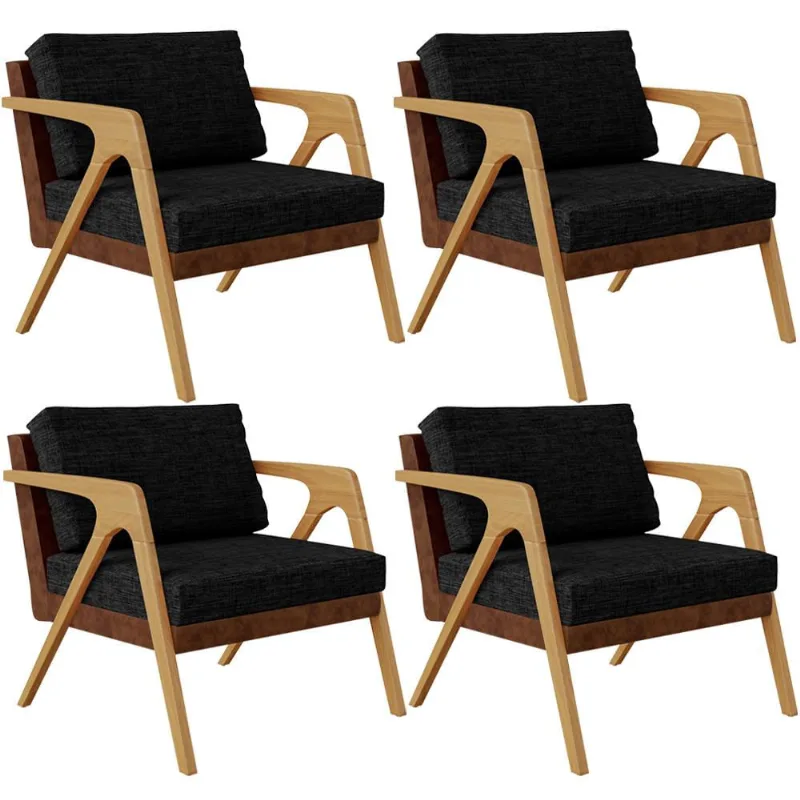 Kit 04 Poltronas Decorativas Sala De Estar Pietra L02 Couríssimo Marrom Linho Chumbo - Lyam Decor