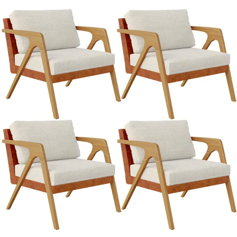 Kit 04 Poltronas Decorativas Sala Estar Pietra L02 Couríssimo Camel Linho Champagne - Lyam Decor