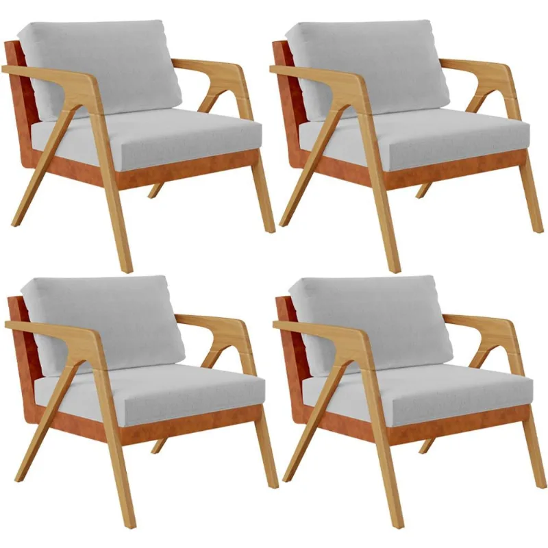 Kit 04 Poltronas Decorativas Sala Estar Pietra L02 Couríssimo Camel Linho Cinza - Lyam Decor
