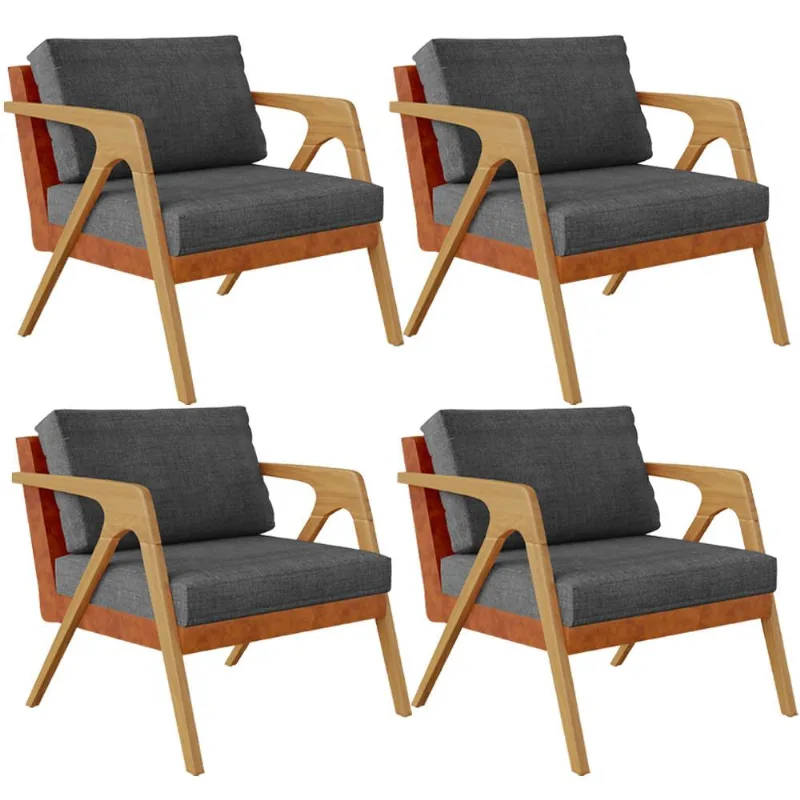 Kit 04 Poltronas Decorativas Sala Estar Pietra L02 Couríssimo Camel Linho Cinza Escuro - Lyam Decor
