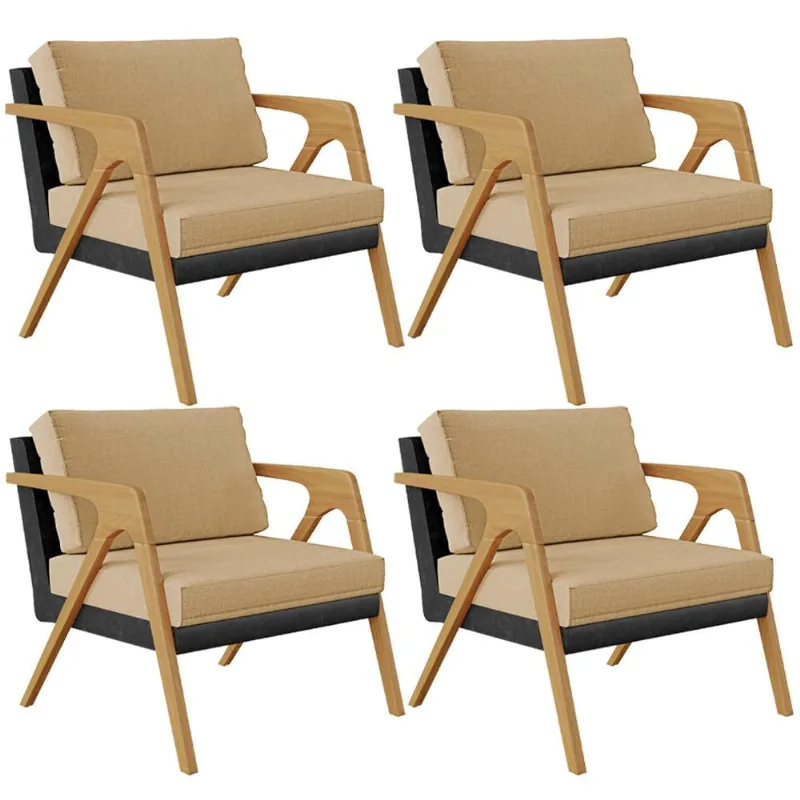 Kit 04 Poltronas Decorativas Sala Estar Pietra L02 Couríssimo Preto Linho Bege Escuro - Lyam Decor