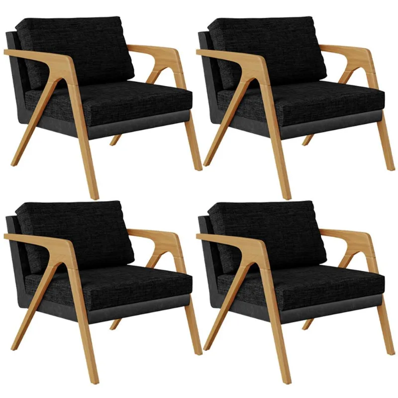 Kit 04 Poltronas Decorativas Sala Estar Pietra L02 Couríssimo Preto Linho Chumbo - Lyam Decor