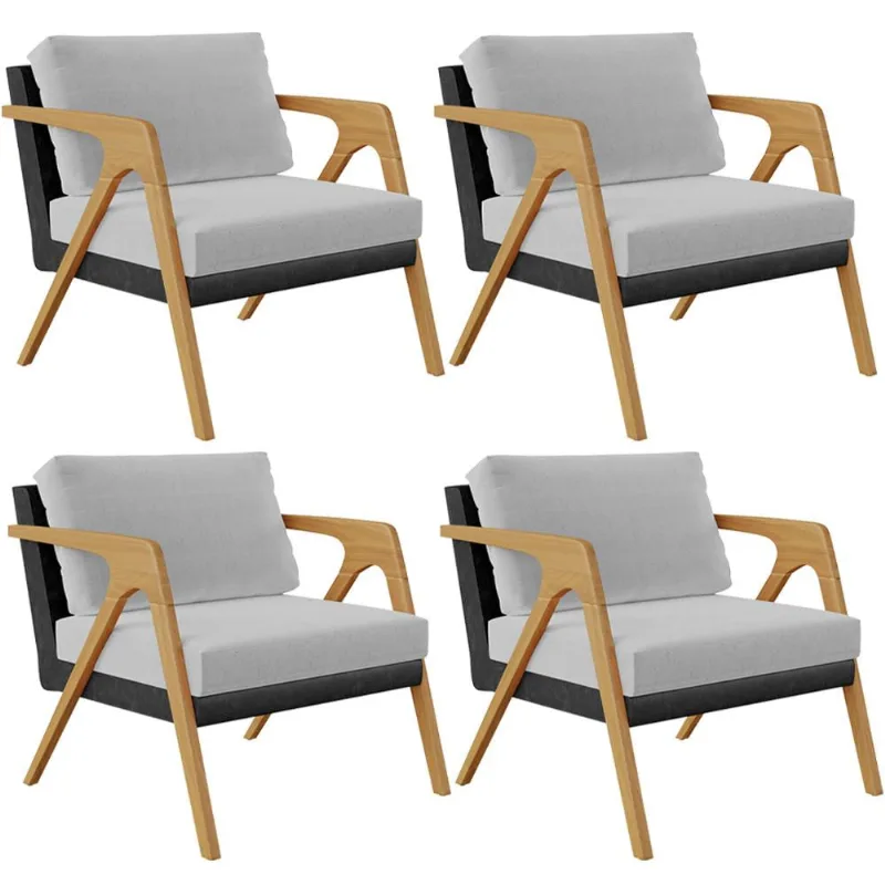 Kit 04 Poltronas Decorativas Sala Estar Pietra L02 Couríssimo Preto Linho Cinza - Lyam Decor