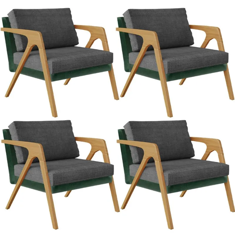 Kit 04 Poltronas Decorativas Sala Estar Pietra L02 Facto Verde Musgo Linho Cinza Escuro - Lyam Decor