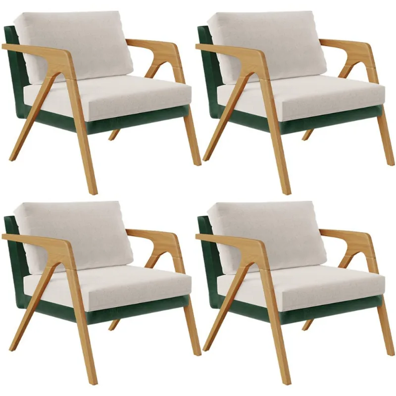 Kit 04 Poltronas Decorativas Sala Estar Pietra L02 Facto Verde Musgo Linho Cru - Lyam Decor