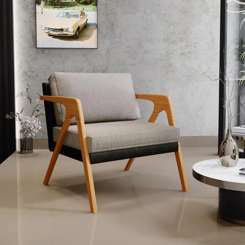 Poltrona Para Sala Estar Pietra Preto Linho Bege