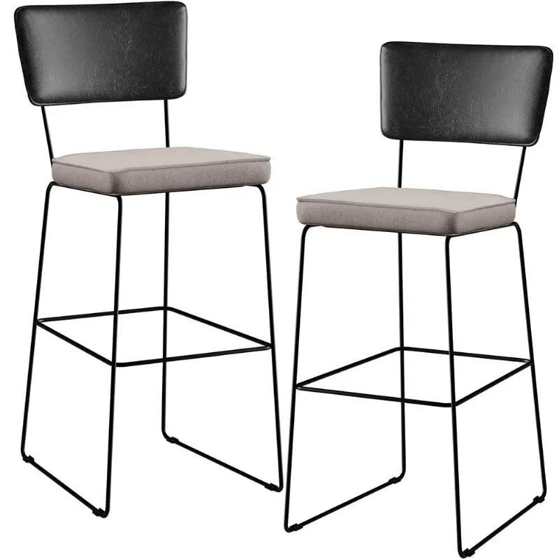Kit 02 Banquetas Altas Cozinha Sala Jantar Fixa Allana L02 Couríssimo Preto Linho Bege - Lyam Decor