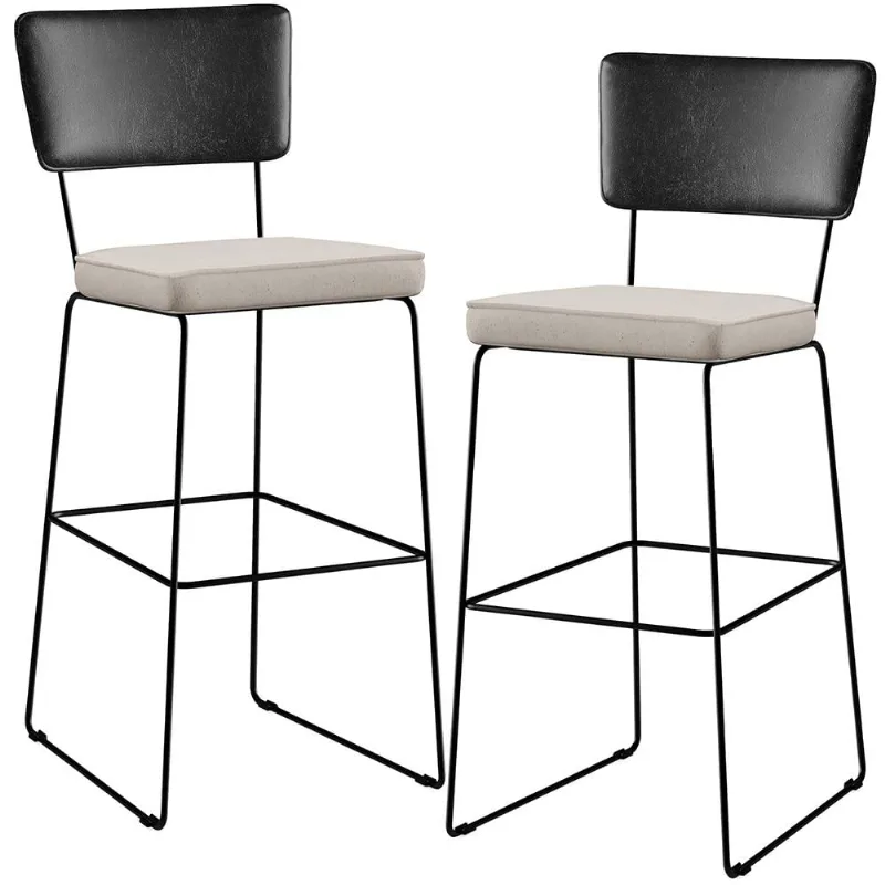Kit 02 Banquetas Altas Cozinha Sala Jantar Fixa Allana L02 Couríssimo Preto Linho Cru - Lyam Decor