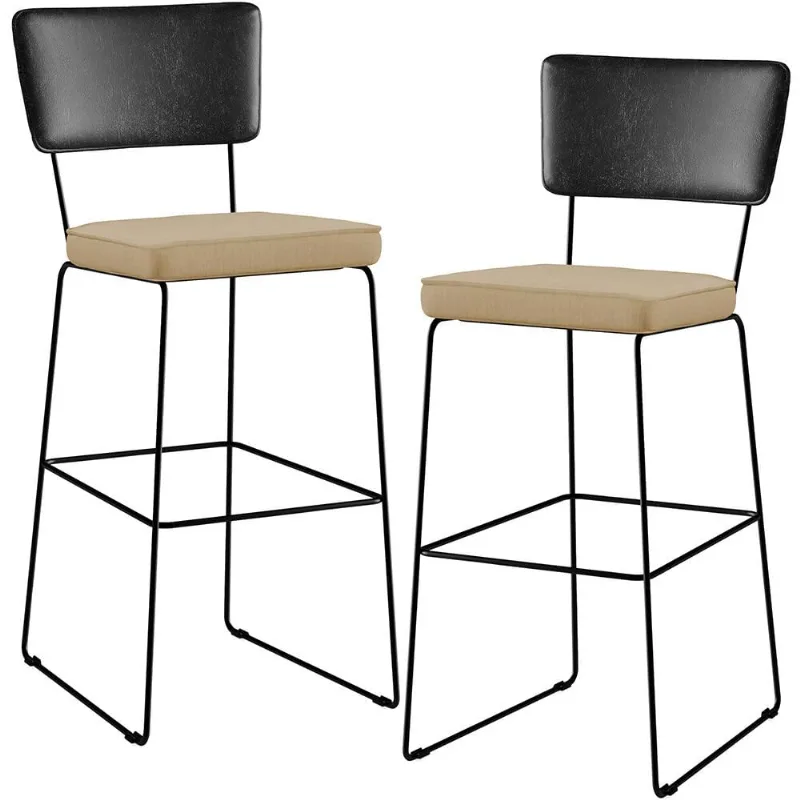 Kit 02 Banquetas Altas Sala Jantar Fixa Allana L02 Couríssimo Preto Linho Bege Escuro - Lyam Decor