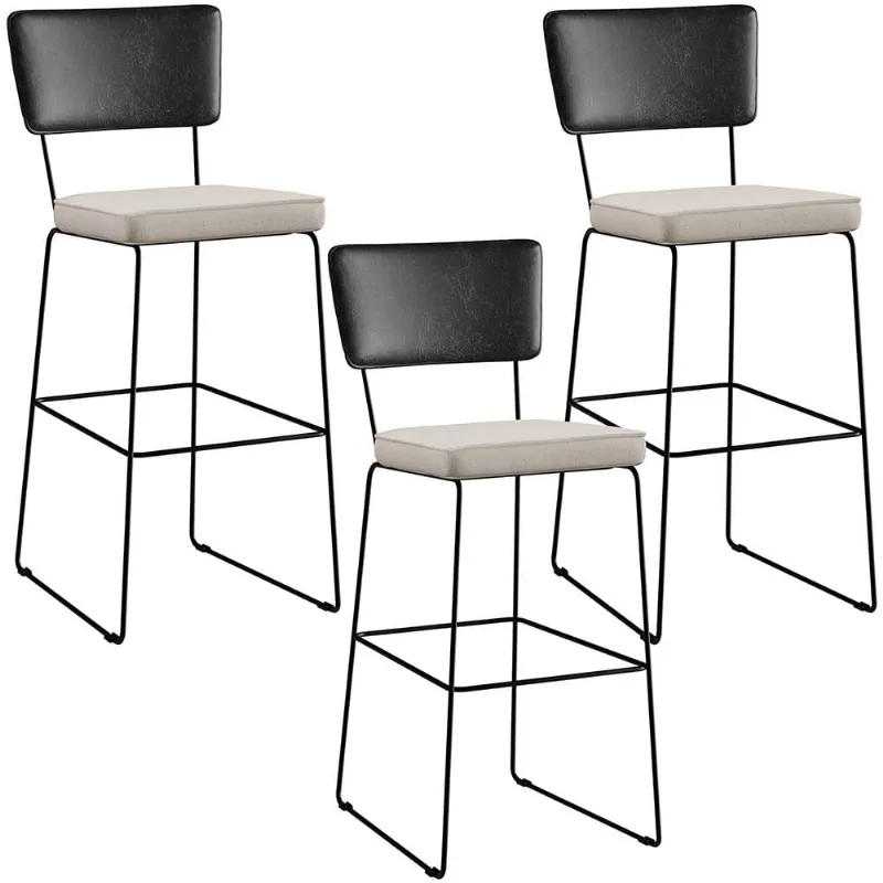 Kit 03 Banquetas Altas Cozinha Sala Jantar Fixa Allana L02 Couríssimo Preto Linho Cru - Lyam Decor