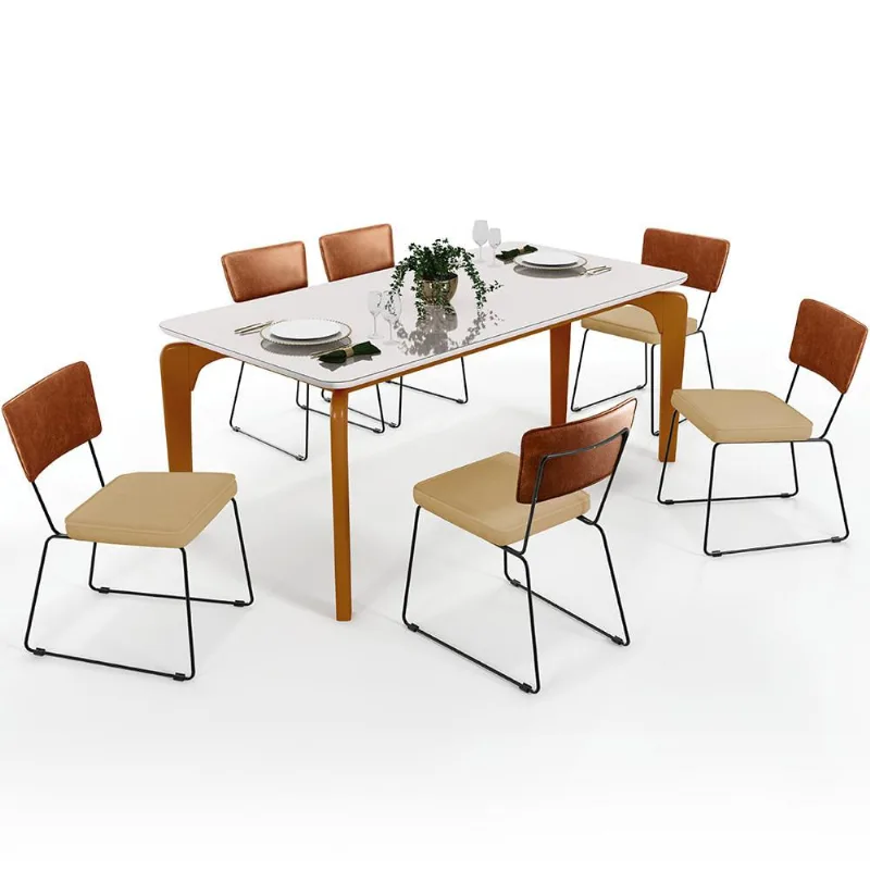 Mesa Capri 160 Off White E 6 Cadeiras Allana B05 Couríssimo Camel Linho Bege Escuro - Lyam Decor