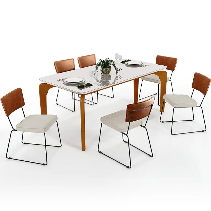Mesa Capri 160cm Off White Com 6 Cadeiras Allana B05 Couríssimo Camel Linho Champagne - Lyam Decor