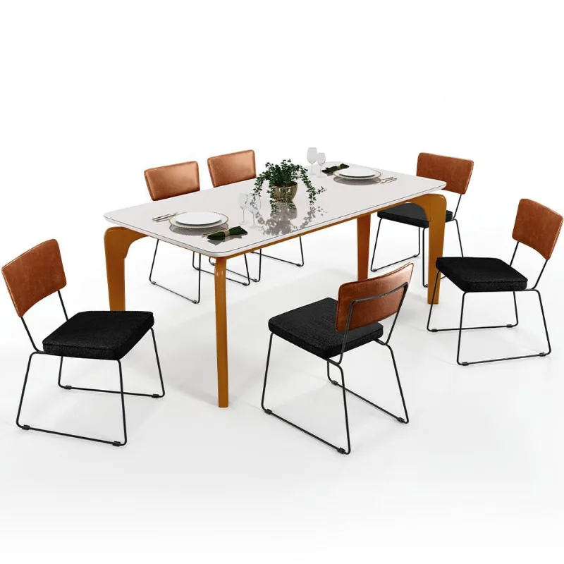 Mesa Capri 160cm Off White Com 6 Cadeiras Allana B05 Couríssimo Camel Linho Chumbo - Lyam Decor - Lyam Decor