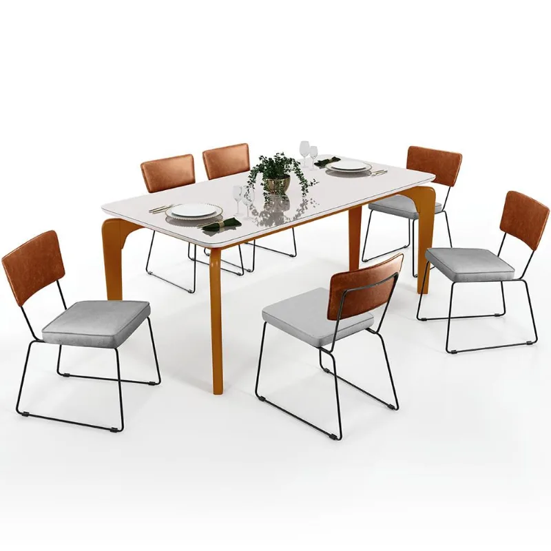 Mesa Capri 160cm Off White Com 6 Cadeiras Allana B05 Couríssimo Camel Linho Cinza - Lyam Decor - Lyam Decor