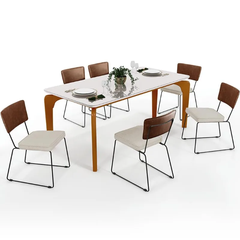 Mesa Capri 160cm Off White Com 6 Cadeiras Allana B05 Couríssimo Marrom Linho Champagne - Lyam Decor - Lyam Decor