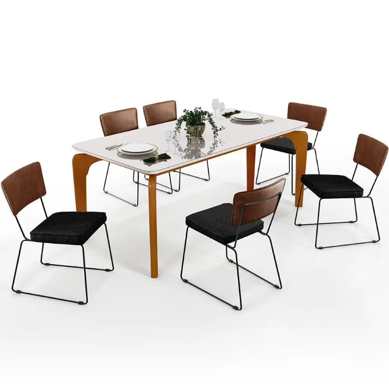 Mesa Capri 160cm Off White Com 6 Cadeiras Allana B05 Couríssimo Marrom Linho Chumbo - Lyam Decor - Lyam Decor
