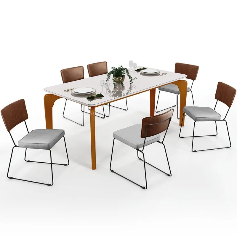 Mesa Capri 160cm Off White Com 6 Cadeiras Allana B05 Couríssimo Marrom Linho Cinza - Lyam Decor - Lyam Decor