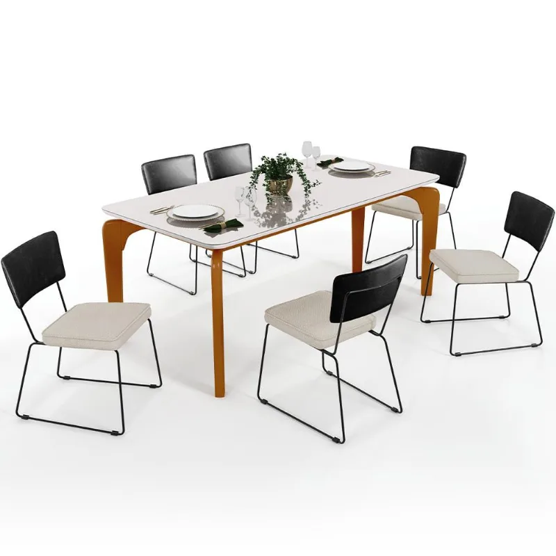 Mesa Capri 160cm Off White Com 6 Cadeiras Allana B05 Couríssimo Preto Linho Champagne - Lyam Decor - Lyam Decor