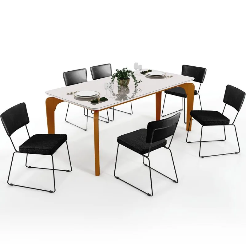 Mesa Capri 160cm Off White Com 6 Cadeiras Allana B05 Couríssimo Preto Linho Chumbo - Lyam Decor - Lyam Decor