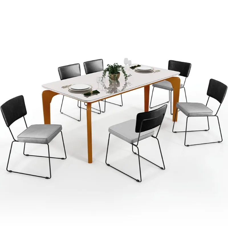 Mesa Capri 160cm Off White Com 6 Cadeiras Allana B05 Couríssimo Preto Linho Cinza - Lyam Decor - Lyam Decor