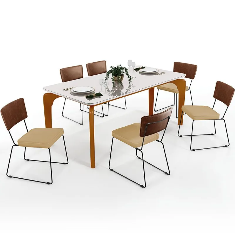 Mesa Capri 160cm Off White E 6 Cadeiras Allana B05 Couríssimo Marrom Linho Bege Escuro - Lyam Decor - Lyam Decor