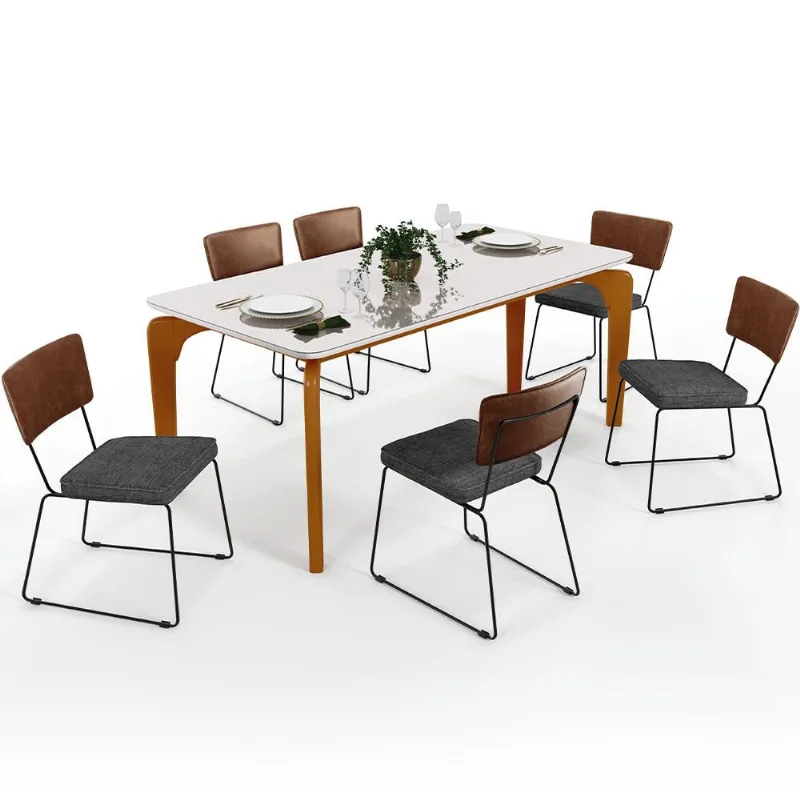 Mesa Capri 160cm Off White E 6 Cadeiras Allana B05 Couríssimo Marrom Linho Cinza Escuro - Lyam Decor - Lyam Decor