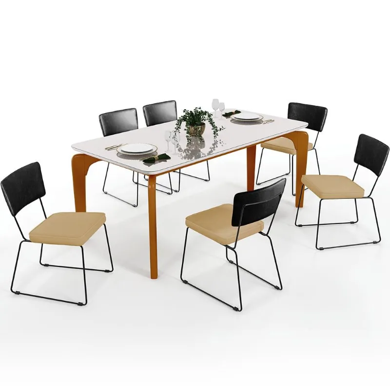 Mesa Capri 160cm Off White E 6 Cadeiras Allana B05 Couríssimo Preto Linho Bege Escuro - Lyam Decor - Lyam Decor