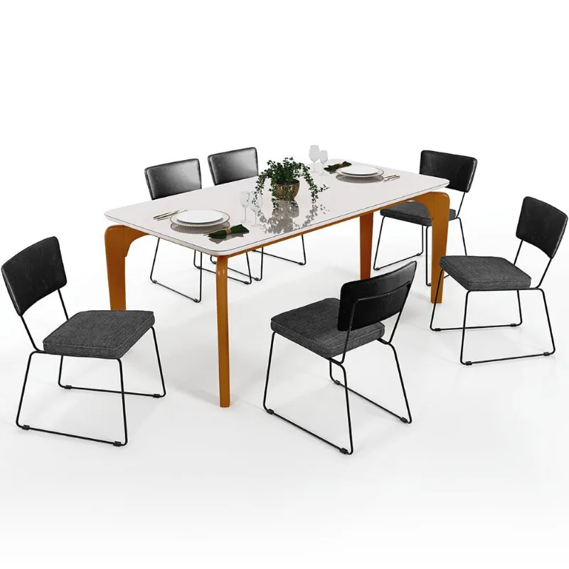 Mesa Capri 160cm Off White E 6 Cadeiras Allana B05 Couríssimo Preto Linho Cinza Escuro - Lyam Decor - Lyam Decor