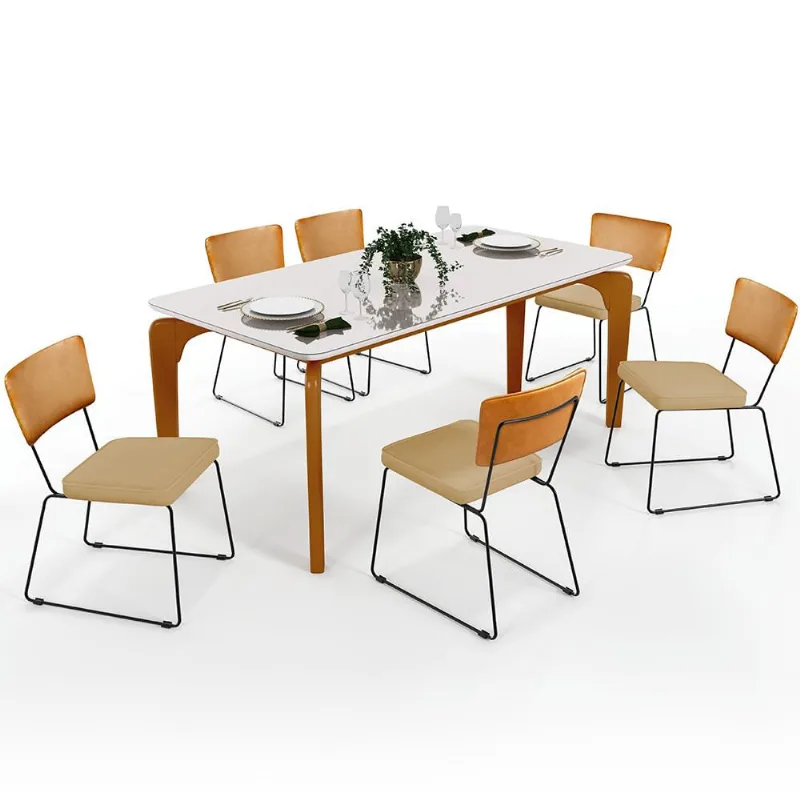 Mesa Capri 160cm Off White E 6 Cadeiras Allana B05 Couríssimo Whisky Linho Bege Escuro - Lyam Decor - Lyam Decor