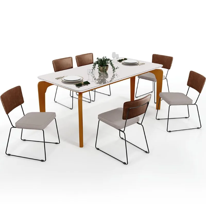 Mesa Capri 160cm Off White Nature E 6 Cadeiras Allana B05 Couríssimo Marrom Linho Bege - Lyam Decor - Lyam Decor