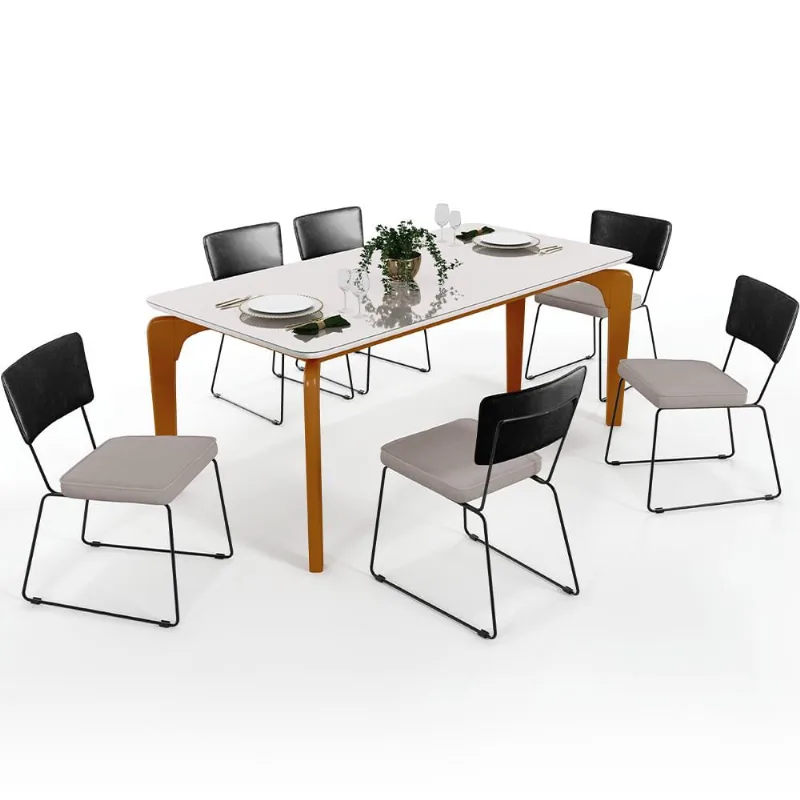 Mesa Capri 160cm Off White Nature E 6 Cadeiras Allana B05 Couríssimo Preto Linho Bege - Lyam Decor - Lyam Decor
