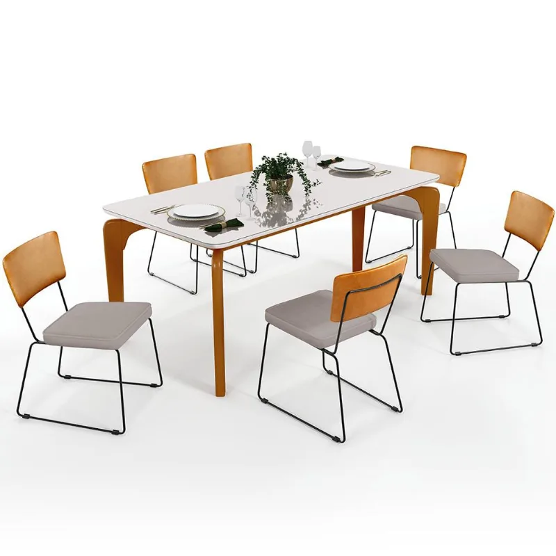 Mesa Capri 160cm Off White Nature E 6 Cadeiras Allana B05 Couríssimo Whisky Linho Bege - Lyam Decor - Lyam Decor