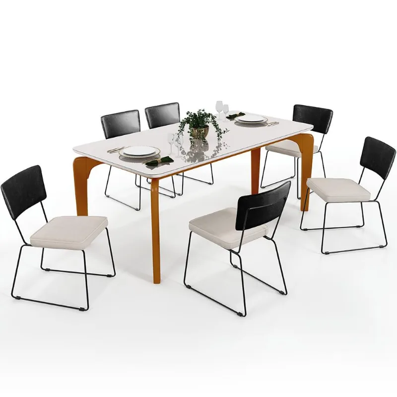 Mesa De Jantar Capri 160cm Off White E 6 Cadeira Allana B05 Couríssimo Preto Linho Cru - Lyam Decor - Lyam Decor