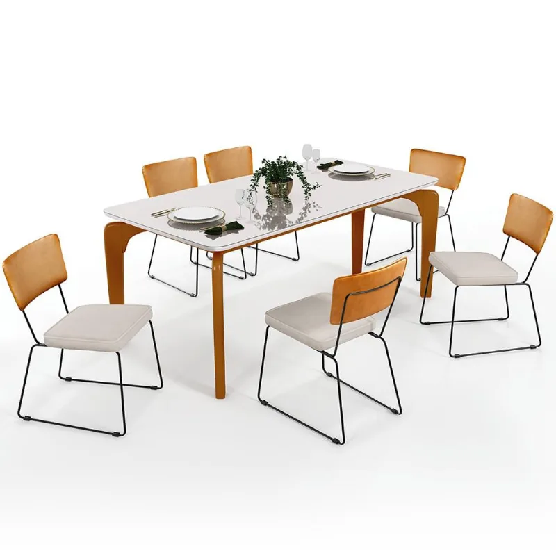 Mesa De Jantar Capri 160cm Off White E 6 Cadeira Allana B05 Couríssimo Whisky Linho Cru - Lyam Decor - Lyam Decor
