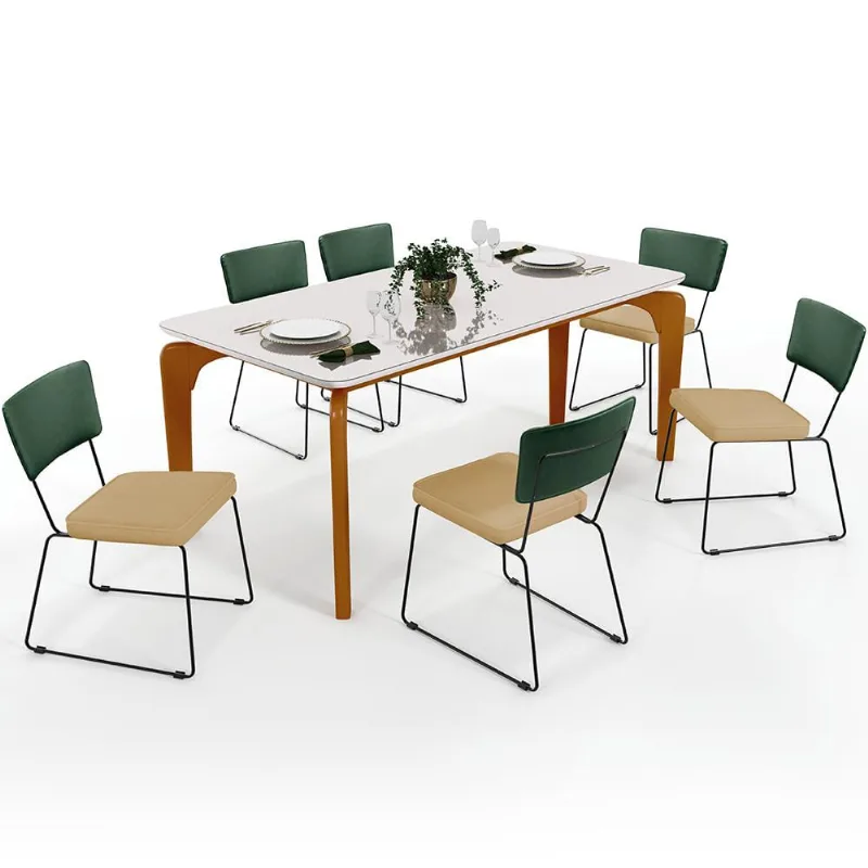 Mesa Capri 160cm Off White E 6 Cadeiras Allana B05 Facto Verde Musgo Linho Bege Escuro - Lyam Decor - Lyam Decor