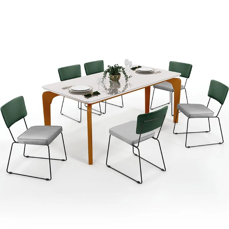 Mesa Capri 160cm Off White E 6 Cadeiras Allana B05 Facto Verde Musgo Linho Cinza - Lyam Decor - Lyam Decor