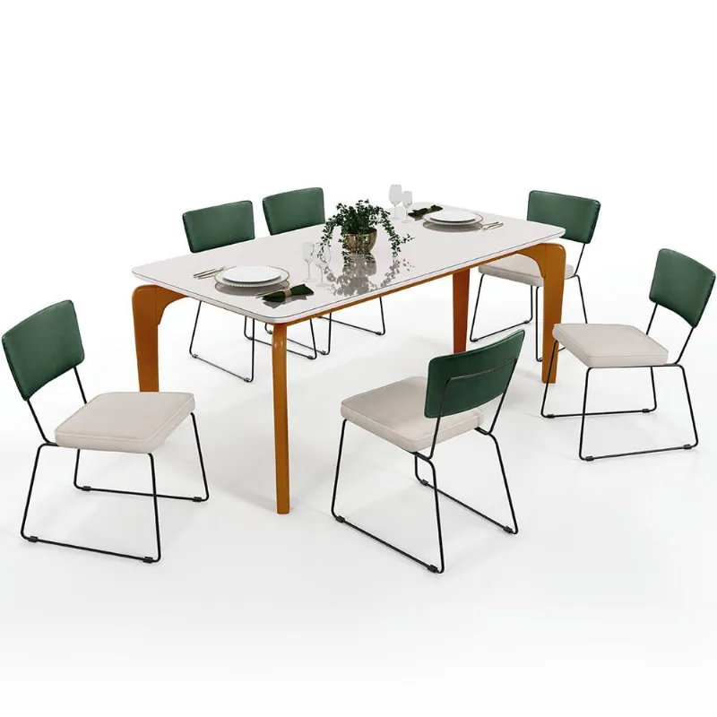 Mesa Capri 160cm Off White E 6 Cadeiras Allana B05 Facto Verde Musgo Linho Cru - Lyam Decor - Lyam Decor