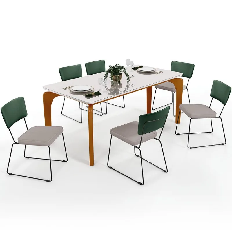 Mesa Capri 160cm Off White Nature E 6 Cadeiras Allana B05 Facto Verde Musgo Linho Bege - Lyam Decor - Lyam Decor