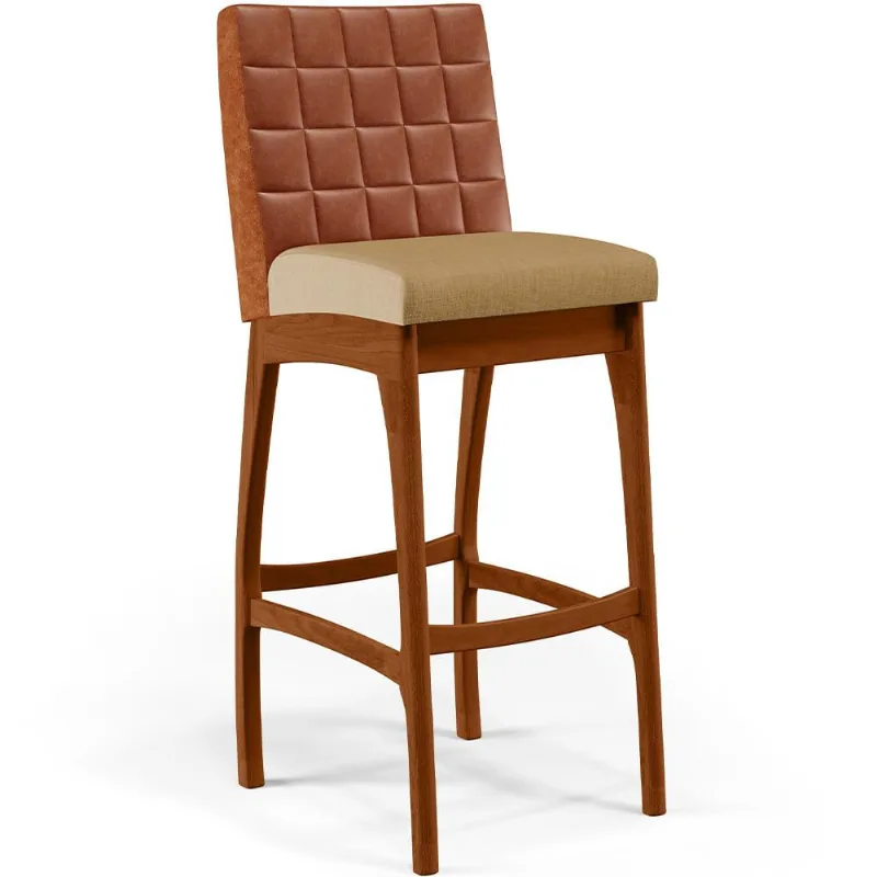 Banqueta Alta Cozinha Sala De Jantar Fixa Mila B04 Couríssimo Camel Linho Bege Escuro - Lyam Decor - Lyam Decor