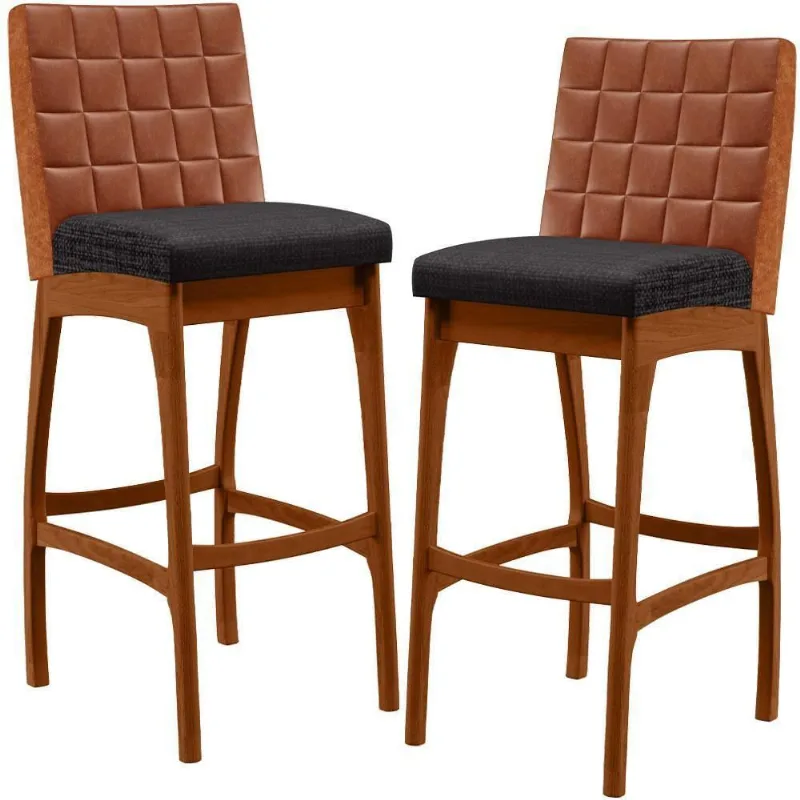 Kit 02 Banquetas Altas Mila Camel Linho Chumbo - Lyam Decor