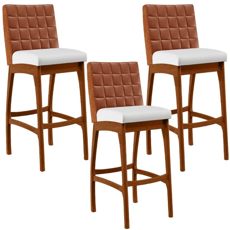 Kit 03 Banquetas Altas Cozinha Sala Jantar Fixa Mila B04 Couríssimo Camel Corano Branco - Lyam Decor